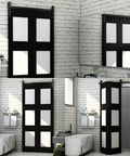 52 Inch Bi Folding Barn Door Hardware Track Kit with side mounted black rollers installed on double 24 inch bifold doors.