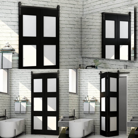 52 Inch Bi Folding Barn Door Hardware Track Kit with side mounted black rollers installed on double 24 inch bifold doors.