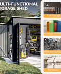 4x8 Outdoor Storage Shed With Triple Lockable Doors Sloping Roof Metal Cabinet For Tools And Bicycles in garden setting