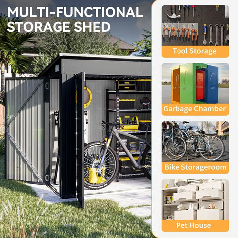 4x8 Outdoor Storage Shed With Triple Lockable Doors Sloping Roof Metal Cabinet For Tools And Bicycles in garden setting