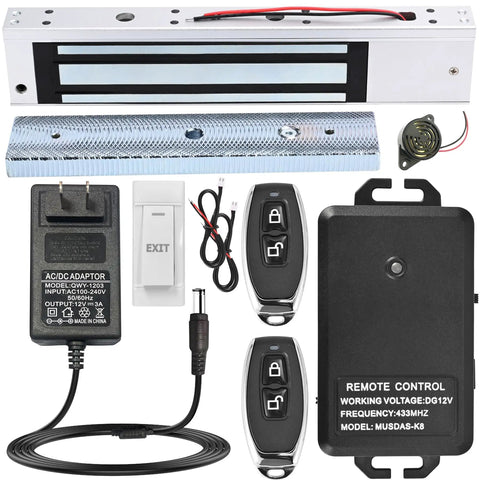 600Lbs Magnetic Door Lock Kit With Remote Control For Your Home Security, including 12V adapter, exit button, remotes.