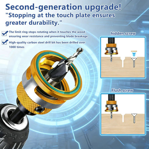 Four Piece Countersink Drill Bit Set With Adjustable Depth Stop And L Shape Wrench For Woodworking HSS Four Blade Countersink Bits For Wood And Plastic DIY Pros Will Love Case Included, showing close-up of adjustable depth stop mechanism.