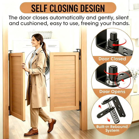 Badass Heavy Duty 304 Stainless Steel Self Closing Cafe Door Hinges Black Saloon Swing Mounts showing self-closing action in use.