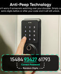 Person entering code on smart lock with AI learning scanner and fingerprint entry, featuring anti-peep keypad for WiFi front door