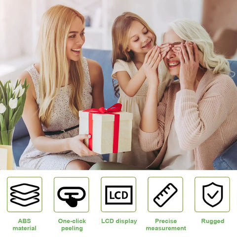 Young woman and girl giving a gift to an elderly woman, representing family moments with a folding food scale for kitchen and travel