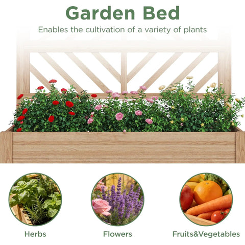 Wooden Elevated Garden Bed With Trellis On Sturdy Legs Free Standing Planter Box With Storage Shelf 47 By 24 By 55 Inches showing herbs and flowers
