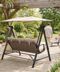 Three Seater Outdoor Swing With Canopy And Stand Heavy Duty 600 Lb Capacity All Weather Adjustable Canopy Khaki in garden