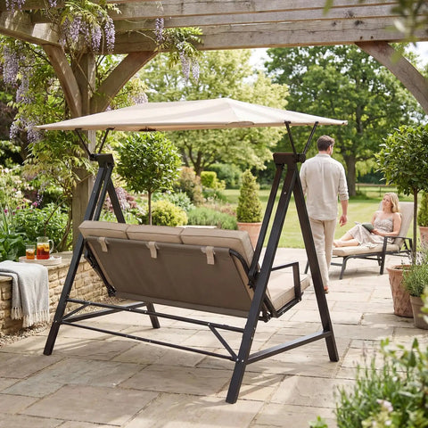 Three Seater Outdoor Swing With Canopy And Stand Heavy Duty 600 Lb Capacity All Weather Adjustable Canopy Khaki in garden