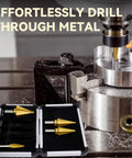 Front view of a 5-piece titanium HSS step drill bit set in a foam-lined case; sizes 1/16"–1-3/8" for metal, aluminum, wood, plastic