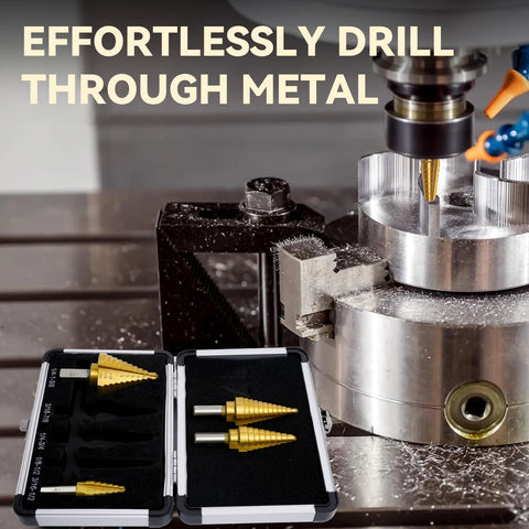 Front view of a 5-piece titanium HSS step drill bit set in a foam-lined case; sizes 1/16"–1-3/8" for metal, aluminum, wood, plastic