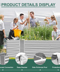 8x4x3ft Rectangular Galvanized Raised Garden Bed With Large Capacity Metal Planter Box For Outdoor Use Durable Deep Bed Stands 3ft Tall To Cut Back Bending And Make Gardening Easier For Vegetables And Herbs Silver, shown in outdoor garden with people planting