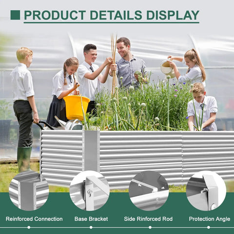8x4x3ft Rectangular Galvanized Raised Garden Bed With Large Capacity Metal Planter Box For Outdoor Use Durable Deep Bed Stands 3ft Tall To Cut Back Bending And Make Gardening Easier For Vegetables And Herbs Silver, shown in outdoor garden with people planting