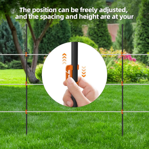 Portable 25 Piece 46 Inch Electric Fence Posts Kit With 75 Insulators in garden showing height adjustment feature.