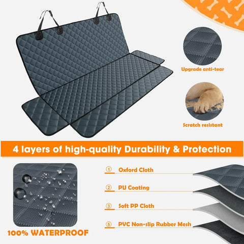 Waterproof Dog Car Seat Cover Back Seat Protector for Cars Trucks and SUVs With Nonslip Surface Includes One Dog Seat Belt Grey 53W x 47L Fits Most Vehicles showing layers and waterproof features.