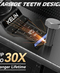 Six Piece Carbide And Titanium Multitool Blades Kit in use on metal bolt, close-up view, sparks showing cutting action