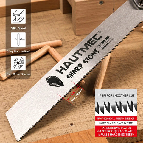 Foldable 9 Inch Kataba Pull Saw For Woodworking, 17 TPI Fine Tooth SK5 Steel Hand Saw on wooden surface with design details