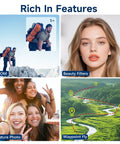 Features of mini drone with HD camera including zoom, beauty filters, gesture photo, and waypoint fly