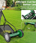 14 Inch Manual Push Reel Lawn Mower With 5 Steel Blades shown on grass with user, features 7 Gallon Removable Grass Bag, adjustable cutting height.