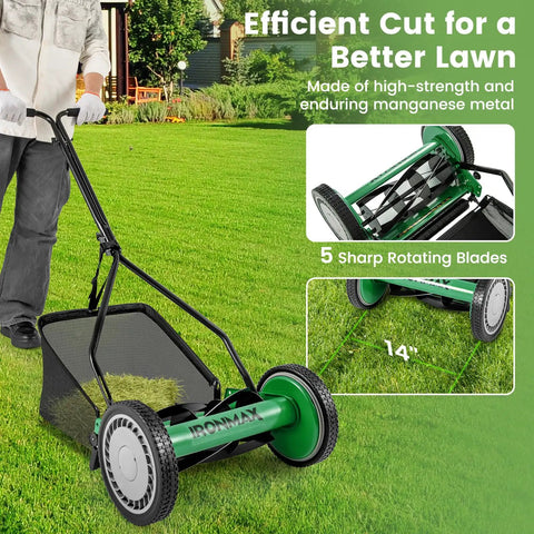 14 Inch Manual Push Reel Lawn Mower With 5 Steel Blades shown on grass with user, features 7 Gallon Removable Grass Bag, adjustable cutting height.