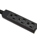 Black three-outlet strip of Eight Foot 3 Prong Grounded Indoor Extension Cord With Flat Plug And Three Outlets To Power Up Your Desk Setup In Home Office Or Dorm Rooms 13 Amps 125 VAC 1625 Watts Black Ideal For Electronics And Small Devices.