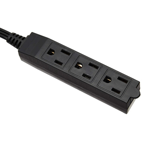 Black three-outlet strip of Eight Foot 3 Prong Grounded Indoor Extension Cord With Flat Plug And Three Outlets To Power Up Your Desk Setup In Home Office Or Dorm Rooms 13 Amps 125 VAC 1625 Watts Black Ideal For Electronics And Small Devices.