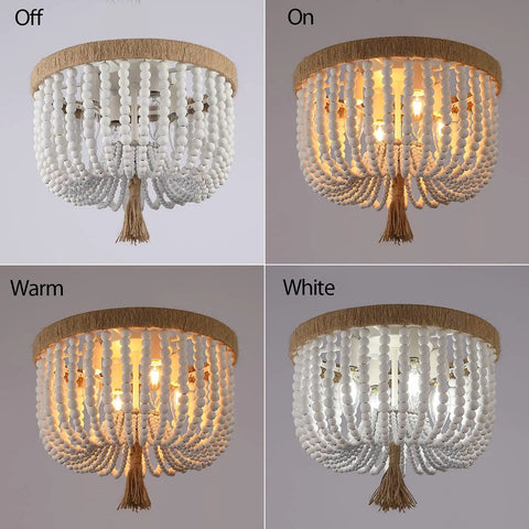 Beaded Flush Mount Ceiling Light With White Wood Beads, Boho Bohemian Farmhouse Style 4 Light Fixture, on-off light modes