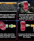 R1234yf Quick Coupler Adapter Kit With High And Low Pressure Fittings For Easy Evacuation And Recharging Of Automotive AC Systems Universal Compatibility With Standard Manifold Kits Pro Grade Line Repair Set Of 2 shown with installation steps and adapter connections.