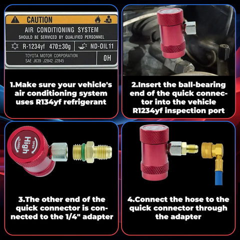 R1234yf Quick Coupler Adapter Kit With High And Low Pressure Fittings For Easy Evacuation And Recharging Of Automotive AC Systems Universal Compatibility With Standard Manifold Kits Pro Grade Line Repair Set Of 2 shown with installation steps and adapter connections.