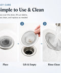 Top Shelf 50 Pack Stainless Steel Sink Strainers 2-3/4 Inch Mesh Drain Filter Basket in use for easy cleaning.