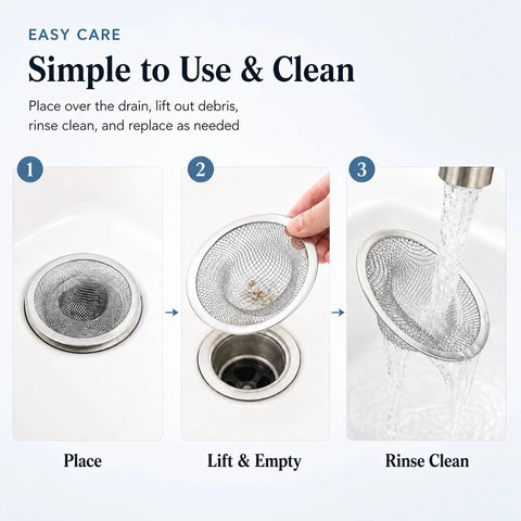 Top Shelf 50 Pack Stainless Steel Sink Strainers 2-3/4 Inch Mesh Drain Filter Basket in use for easy cleaning.