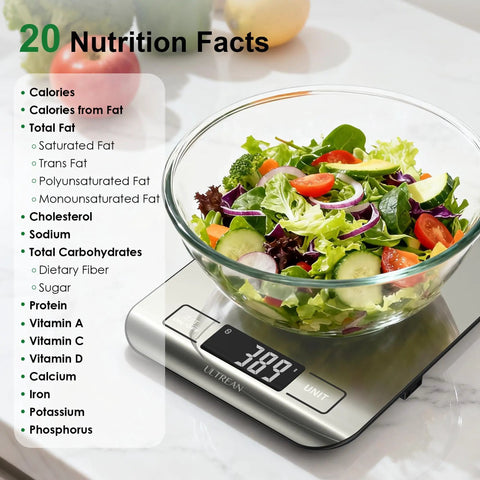 Smart Kitchen Scale With Nutritional Calculator And Macro Tracking App, Ai Food Recognition, salad on stainless surface