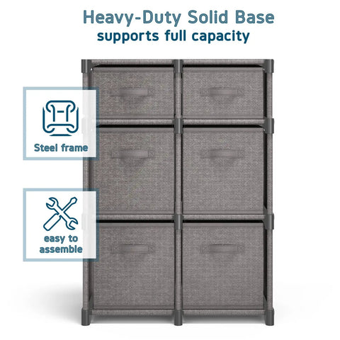 Six Cube Storage Organizer With Fabric Bins, Durable Grey Cube Shelves, steel frame, space saving cubbies, easy assembly.