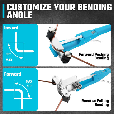 Duratech Heavy Duty Ratcheting Tube Bender Kit With Pipe Cutter And Deburrer showing customizable bending angles for tubing.