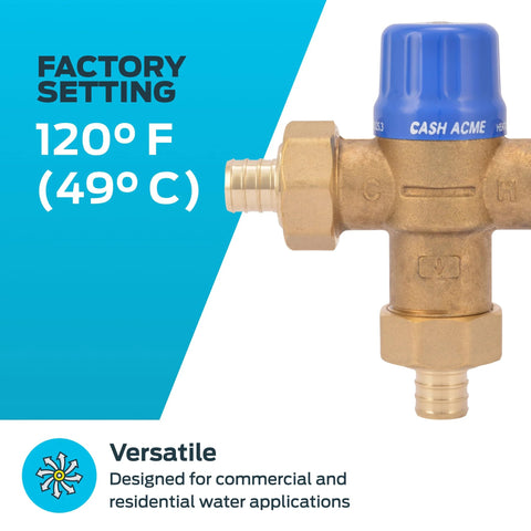Thermostatic mixing valve, Cash Acme 3/4 in brass with blue cap and barb fittings (HG110)