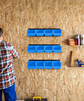 Wall Mounted Storage Bins System with 12 sturdy plastic bins and 3 steel rails for screws nuts bolts nails and small hardware parts