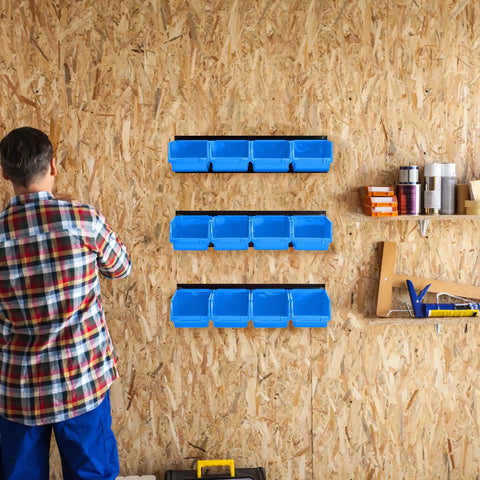 Wall Mounted Storage Bins System with 12 sturdy plastic bins and 3 steel rails for screws nuts bolts nails and small hardware parts