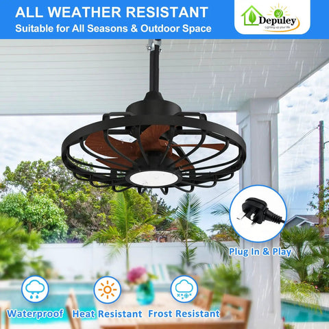 Outdoor Ceiling Fan With Lights 20 Inch Waterproof Plug In Ceiling Fan With Remote And App Control, 6 Speeds Reversible Downdraft And Updraft, IP65 Wet Rated For Patios, Walnut Finish installed on patio