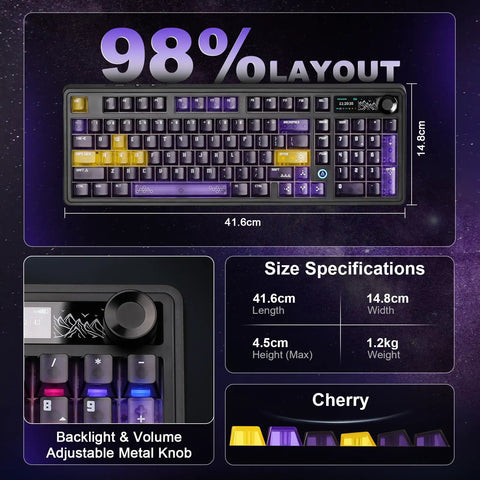 Locked In Wireless Gaming Keyboard With Smart Tft Display And Rotating Volume Knobs Precise Fingertip Tweaks For Epic Desktop Setup And Late Night Grinding Purple Lychee Mechanical Switches, 98% layout, specifications image.