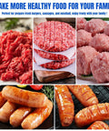 Collage showing raw ground meat, burger patties, meatballs, and cooked sausages using Metal Food Grinder Attachments for Stand Mixers.
