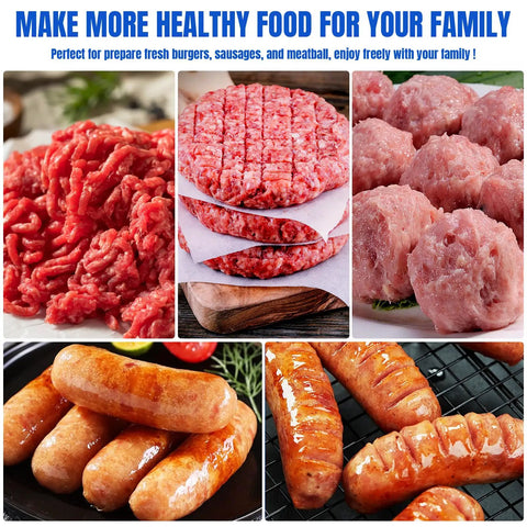 Collage showing raw ground meat, burger patties, meatballs, and cooked sausages using Metal Food Grinder Attachments for Stand Mixers.