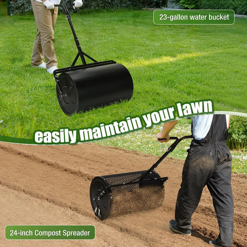 24 Inch Compost Spreader And 23 Gallon Lawn Roller 2 In 1 Combo Kit with shared mounting frame on grass and soil.