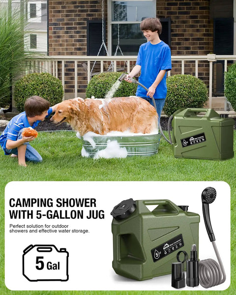 Portable Camping Shower With 5-Gallon Food Grade Water Jug, Rechargeable Battery, Electric Outdoor Shower Pump for pet bath
