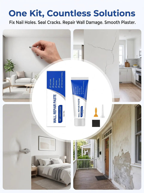 Fast Dry Wall Patch Kit With Scraper For Holes And Cracks White Wall Repair Paste Waterproof Heavy Duty Mending Paste Quick Dry DIY Home Fix, image showing wall repairs and product kit components.