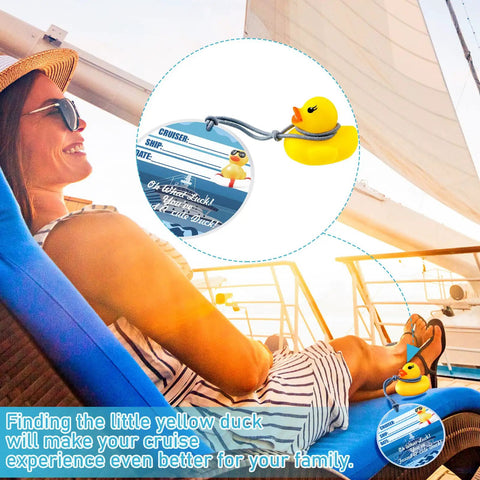 Woman on deck chair with 180 Pack Cruise Duck Party Decor Kit tag attached to blue lanyard, showing yellow rubber duck.