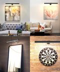 Rechargeable Magnetic LED Picture Light With Remote Dimmable Wall Art Lighting illuminating artworks, mirror, and dartboard on walls.