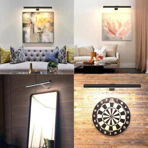 Rechargeable Magnetic LED Picture Light With Remote Dimmable Wall Art Lighting illuminating artworks, mirror, and dartboard on walls.