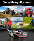 Cordless Fuel Transfer Pump 13 GPM Electric Pump With 21V 4Ah Battery And Charger displayed with versatile applications in farming, trucking, construction, and camping.