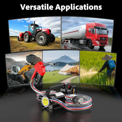 Cordless Fuel Transfer Pump 13 GPM Electric Pump With 21V 4Ah Battery And Charger displayed with versatile applications in farming, trucking, construction, and camping.