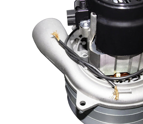 Close-up of central vacuum blower motor, 5.7 inch metal housing with exposed wires