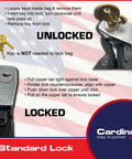 Hassle Free Lockable Document Pouch In Gray Provides HIPAA Compliant Protection For Medical And Legal Files Measuring 11 By 15 Inches, showing unlock and lock instructions.